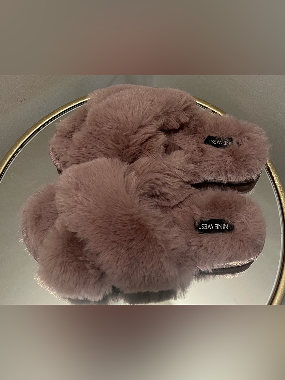 Nine West Dusty Mauve Faux Fur Slide Slippers Size Medium 7/8